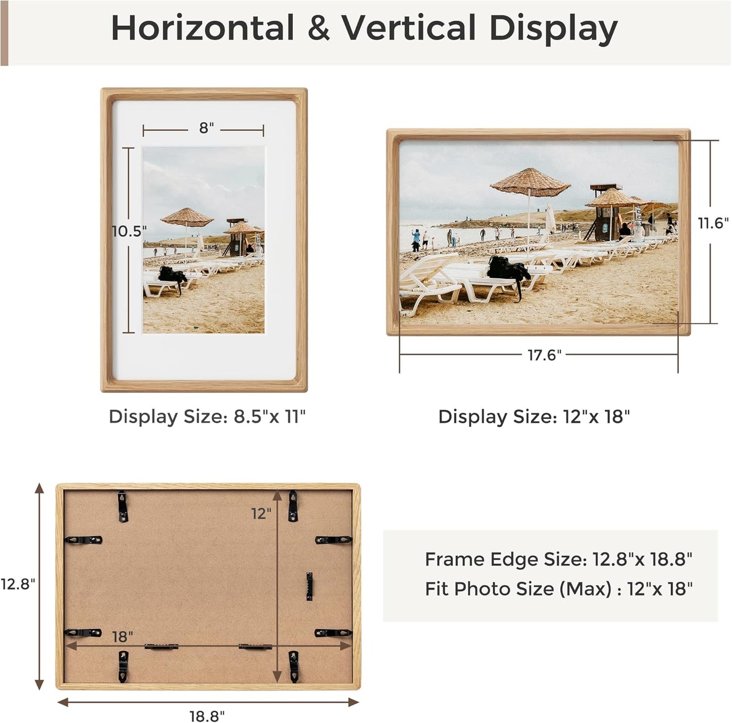 Heimlove 12x18 Picture Frames Natural Oak,Original Wood Hand Make Crafted Certificate Frame with Mat to 8.5x11 Graduation Picture Display,Family Picture,Wedding Picture,Diploma,Photo Wall Mounted