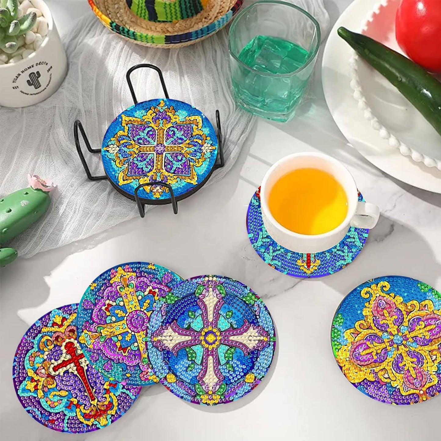 DOZEEZOP 8 PCS Diamond Art Coasters Kit, Diamond Painting Coasters with Holder, Fall Diamond Art Kits for Adults Beginners, Arts and Crafts Supplies Party Item Sets Cross Style