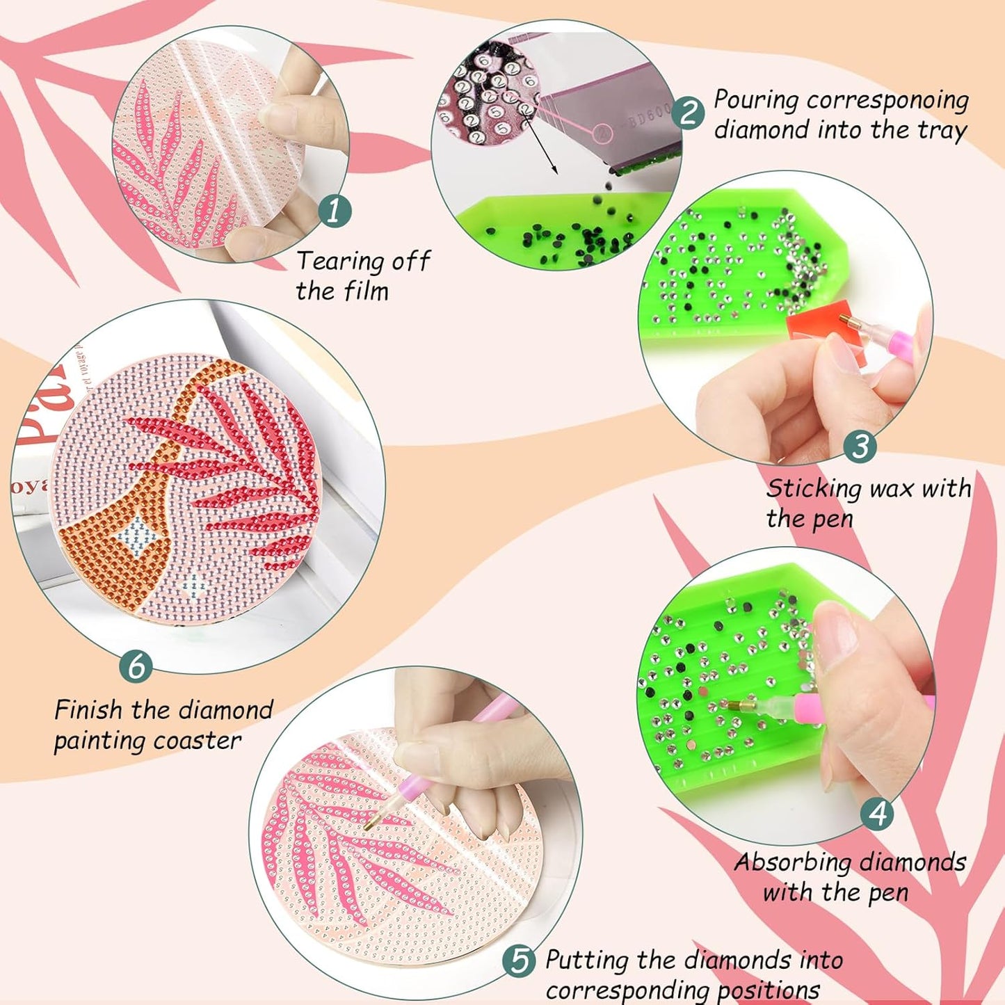 Generic 6 Pcs Pink Boho Diamond Art Coasters, DIY Coaster Kit for Adults