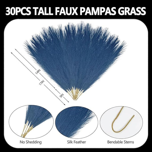 30 Pcs Royal Blue Faux Pampas Grass, 17 Inches Artificial Pampas Grass Bulk, Short Fluffy Faux Pompas for Vase Filler, Home Boho, Wedding Anniversaries, Baby Shower Decoration