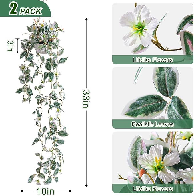 2PCS Artificial Hanging Plant with Pot Faux Hanging Plants Small Hanging Plants Pot with Artificial Vines and Flower Greenery Decoration for Living Room Wall Home Wall Shelf