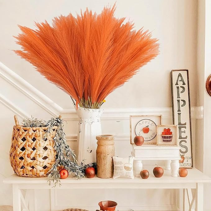 50pcs Burnt Orange Faux Pampas Grass Decor, 21.6" Short Artificial Fall Pompous Grass Floral Fake Orange Pompas Grass Branches Vase Filler Flower Arrangement for Home Wedding Fall Decor