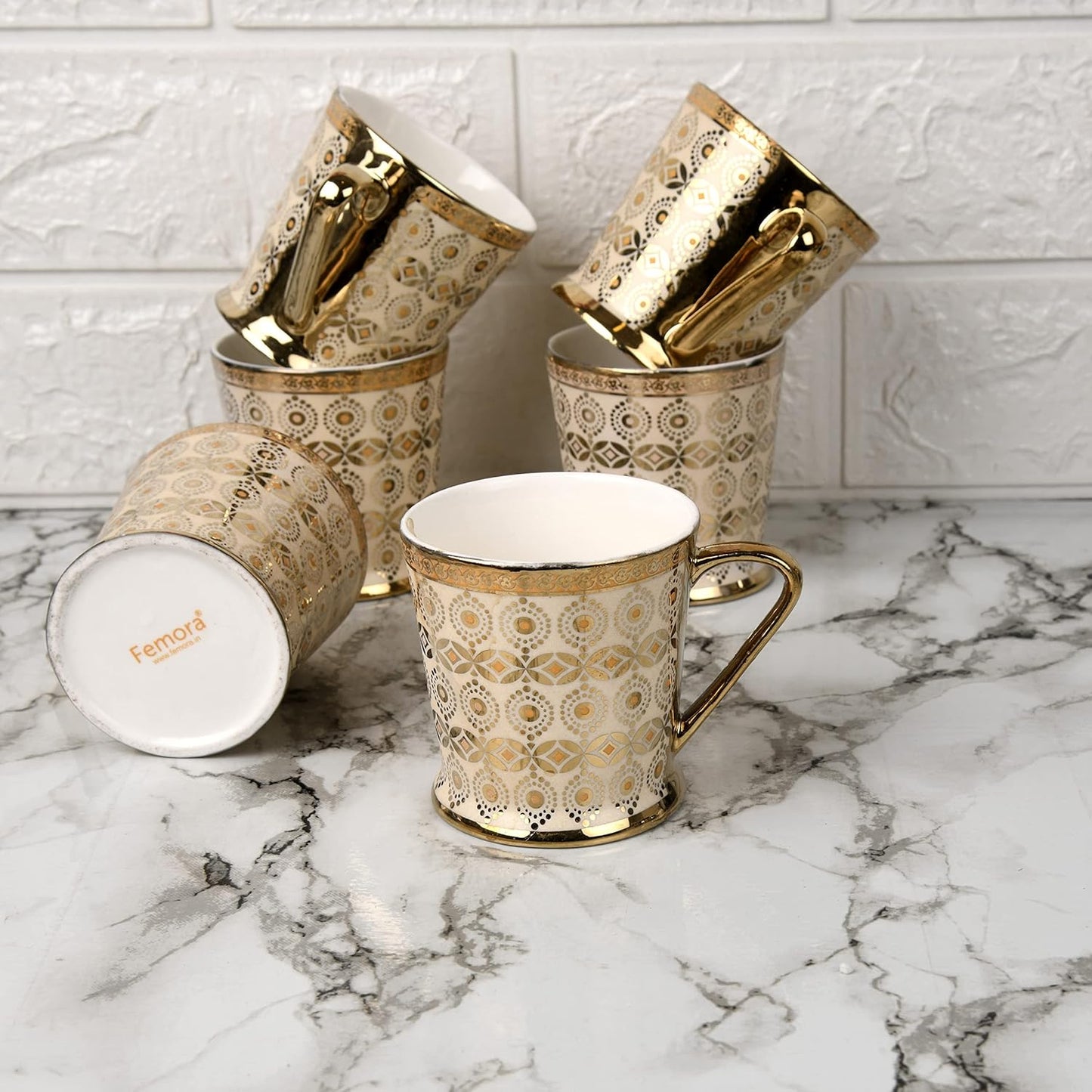 Handcrafted Ceramic Coffee Mugs Indian Golden Tea Cups Set of 6 (6 oz), Cappuccino Cups, Coffee Cups, White Tea Cup Set, British Coffee Cups, Porcelain Tea Set, Latte Cups, Espresso Mug.