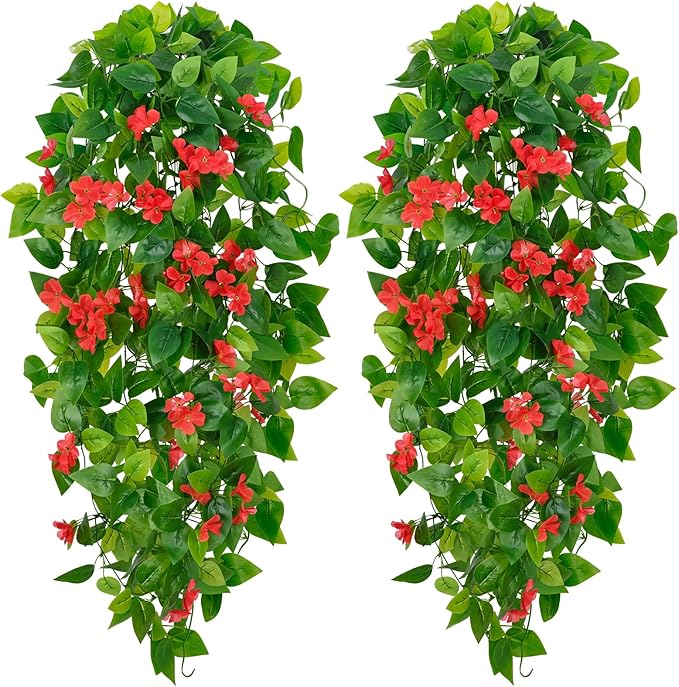 BLEUM CADE Artificial Hanging Flowers for Outdoors, 2pcs Fake Hanging Plants Pothos Vines with Red Flowers for Wall Home Living Room Indoor Outdoor Decor (No Baskets)