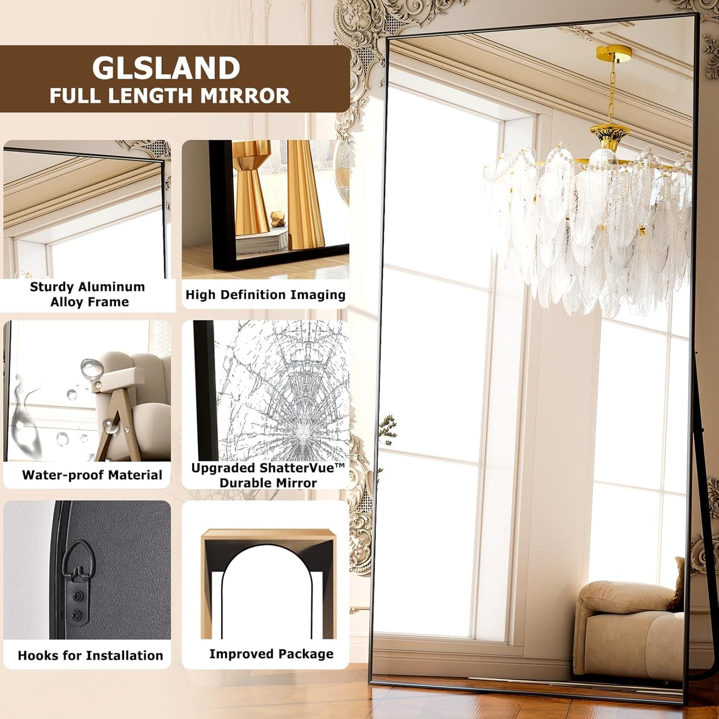 GLSLAND 77" x 38" Rectangular Full Length Mirror - Oversize Floor Mirrors Aluminum Alloy Frame Full Body Dressing Mirror for Bedroom Living Room,Black