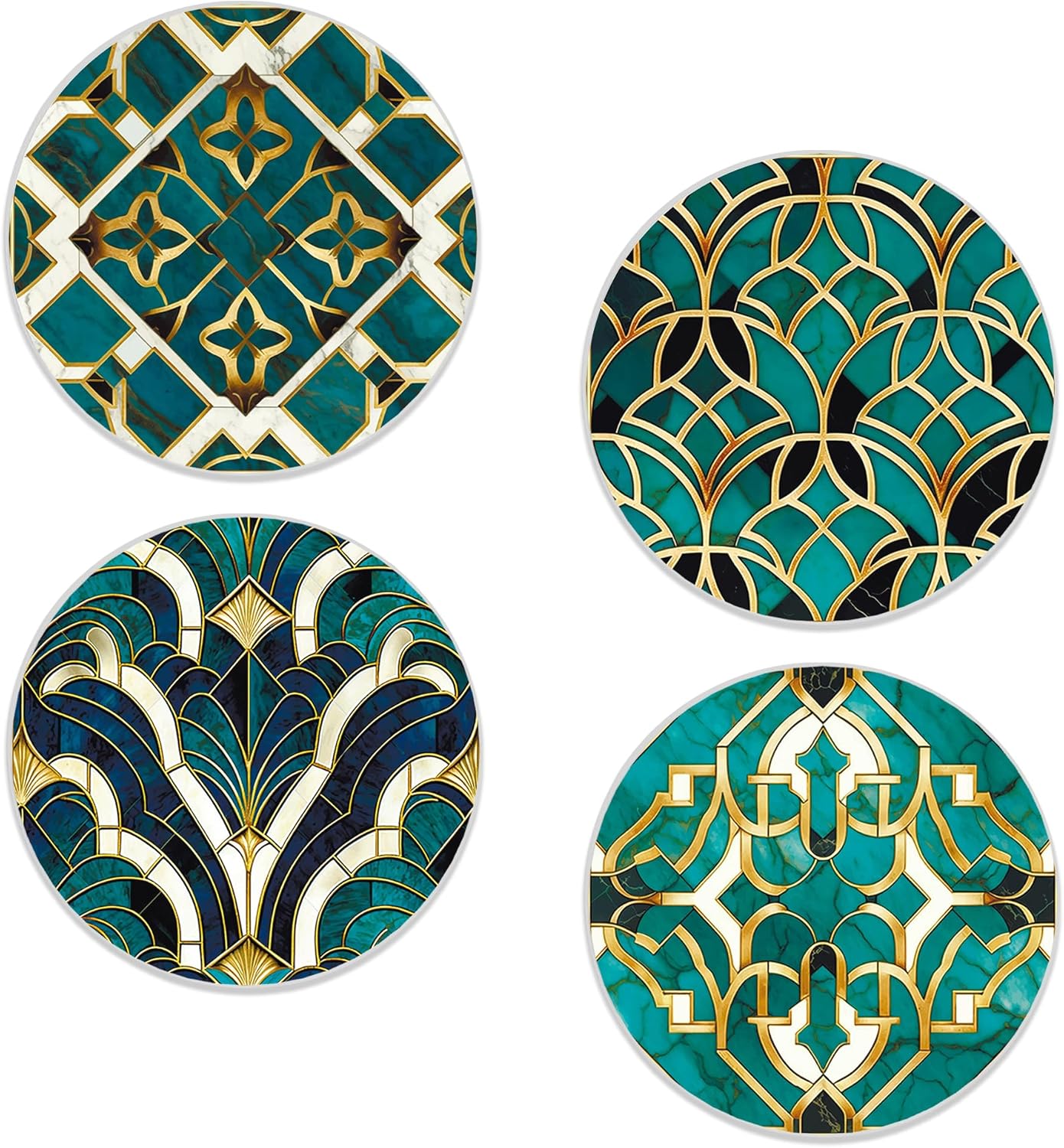 Green Marble Coasters Set of 4, Round Absorbent Ceramic Cup Mat with Cork Base, Cute Coasters for Table Home Decor, Ideal Gifts for Women Men