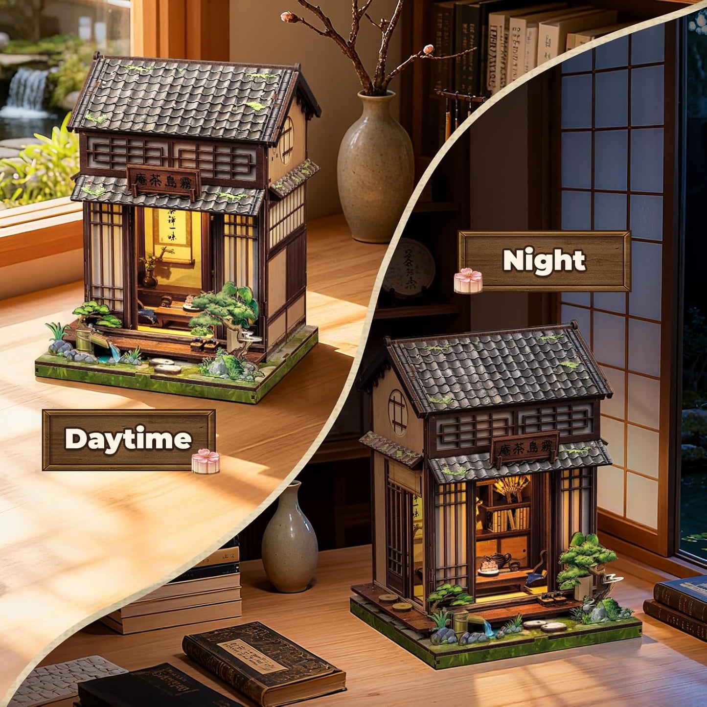 Fsolis Book Nook Kit - Japanese DIY Miniature House Kit for Adults Mini House Tiny 3D Puzzles Craft Bookshelf Diorama Decor Gifts for Women Teenagers Book Lovers （Japanese Tea Room）