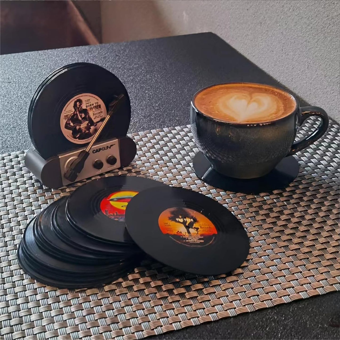 Funny Retro Vinyl Record Coasters, Creative Drink Coasters Set of 6 with Vinyl Record Player Holder for Music Lovers, Housewarming Hostess Gifts, Birthday and White Elephant Gifts Ideas