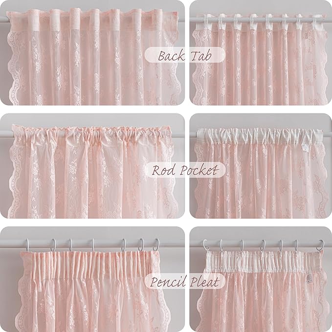 MEETSKY Pink Lace Curtains 96 Inch Length Set of 2 Vintage Victorian French Pretty Elegant for Girls Room Light Filtering Privacy Protect Back Tab Rod Pocket Sheer Drapes, 50"W Each Panel, Light Pink