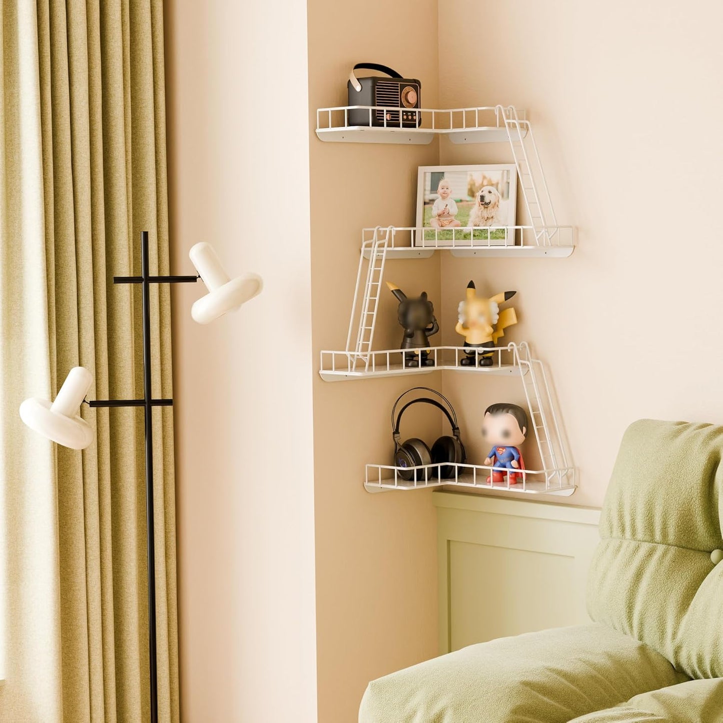 Fire Escape Wall Shelf - Modern City Style 4-Tier Corner Wall Shelves, Easy to Install Metal Ladder Shelf for Figures, New York Decorative Shelves for Bathroom, Living Room & Home Decor,White