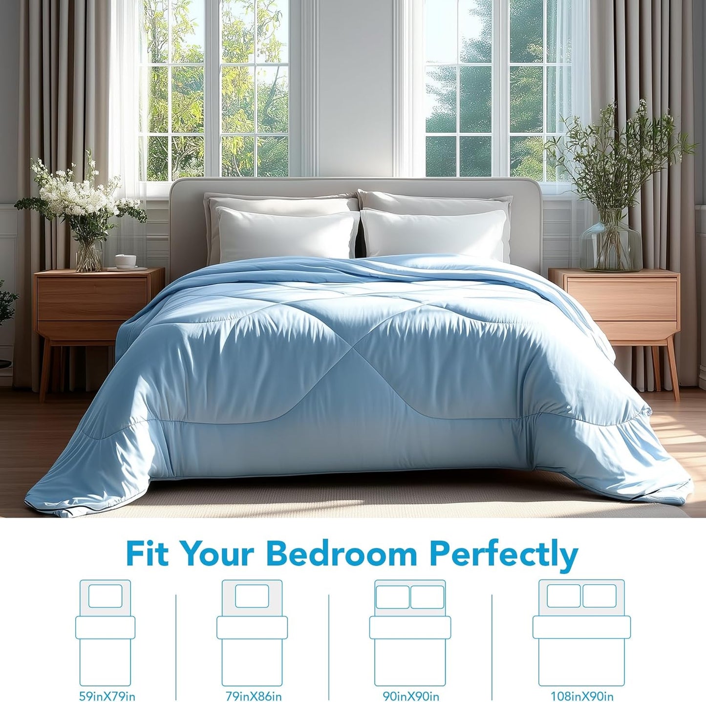 Deconovo Cooling Comforter – Double-Sided Cold Touch for Hot Sleepers & Night Sweats, Lightweight & Breathable, Oeko-TEX Certified, Machine Washable (Cold, Hang-Dry) – Light Blue, 79x86 Inch