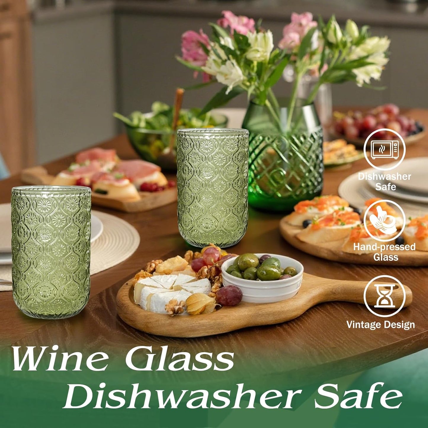 Green Vintage Drinking Glasses Set of 6, 14 oz hobnail drinking glasses Glassware Embossed Green Water Tumbler for Beer, Juice, Cocktail, Whiskey, Milk