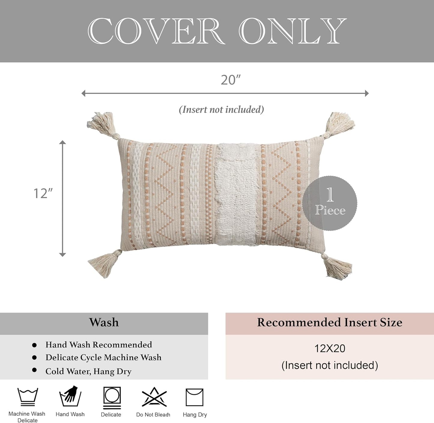 BlissBlush Decorative Lumbar Throw Pillow Cover 12x20 Cream Neutral White Rectangular Boho Accent Pillowcase Farmhouse Cushion for Couch Sofa Bedroom Living Home Décor (Cover ONLY, Pack of 1)