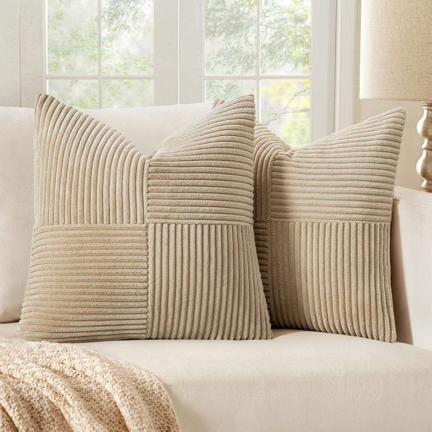 MIULEE 24x24 inch Euro Cream Corduroy Pillow Covers Pack of 2 Boho Decorative Spliced Throw Pillow Covers Soft Solid Couch Pillowcases Cross Patchwork Textured Cushion Covers for Living Room Bed Sofa