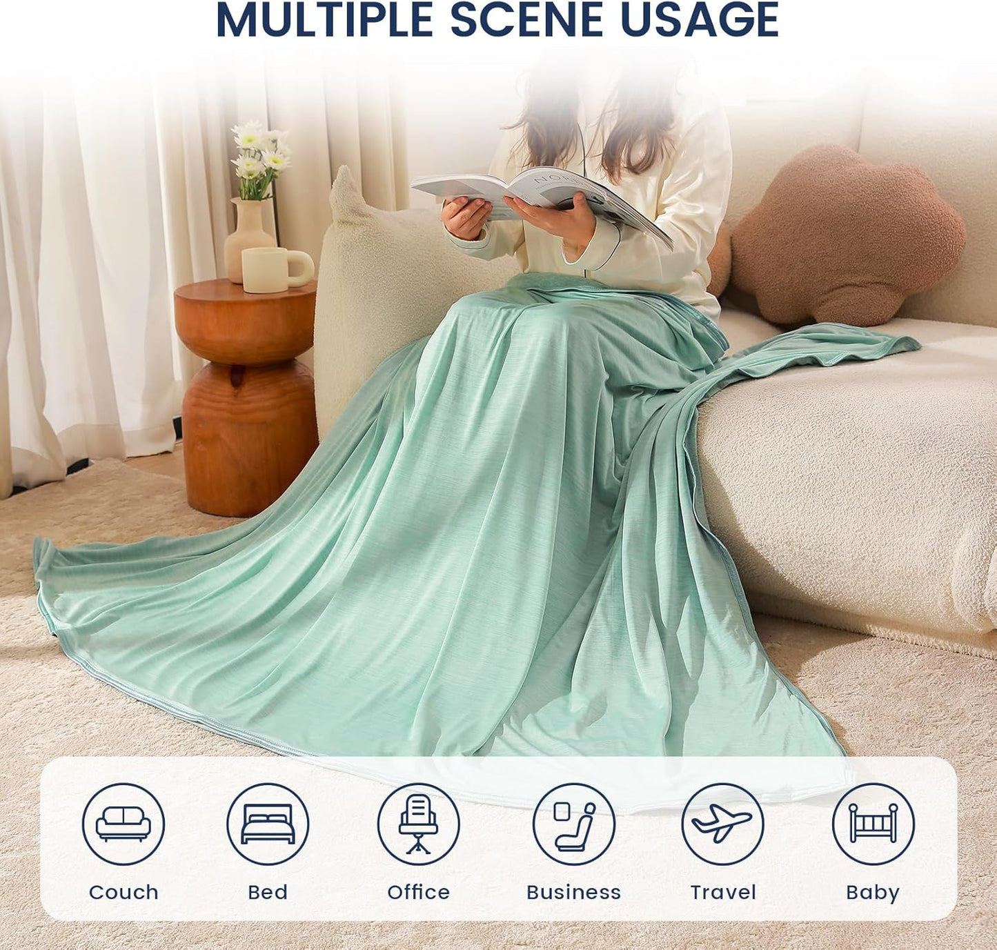 Cooling Blanket for Hot Sleepers, Summer Cool Throw for Hot Flashes or Night Sweats, Q-Max>0.4 Cool Fiber for Double Bed Couch Sofa, Lightweight Cold Blankets, Queen Size, 79x86 inch, Green