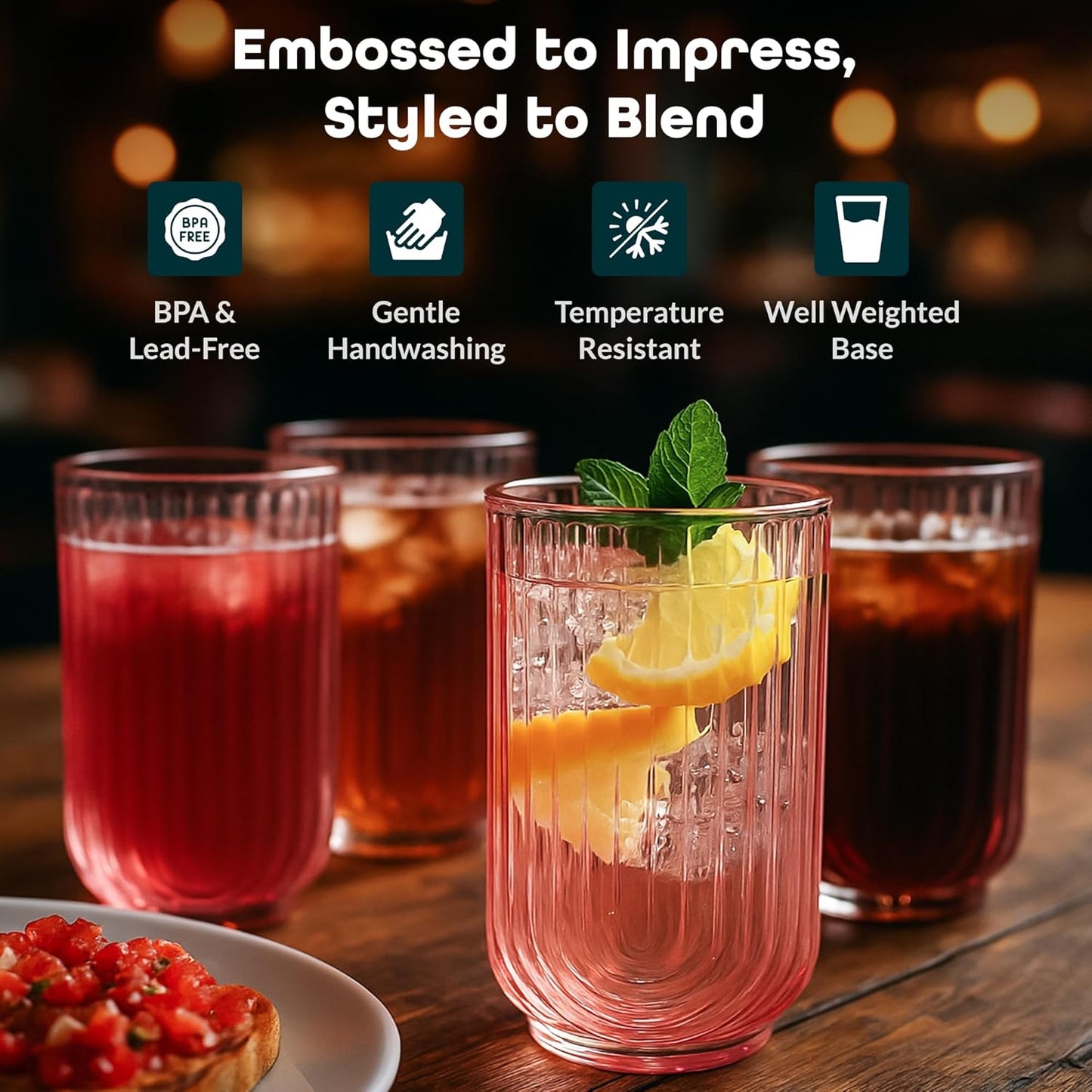 Glaver's Vintage Glassware Art Deco Glasse Ribbed Drinking Glasses U-Shape Arch Design Colored Cocktail Kitchen Tumblers Everyday Dinner Decorative Party (Pink S/4 17oz)