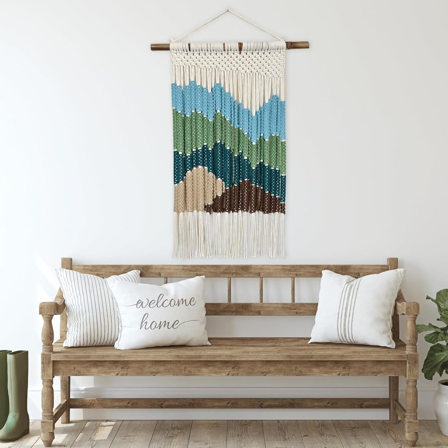 Knots & Beyond Boho Macrame Wall Hanging Green & Blue, Woven Tapestry Wall Decor, Fabric Wall Art for Living Room, 22" x 28"