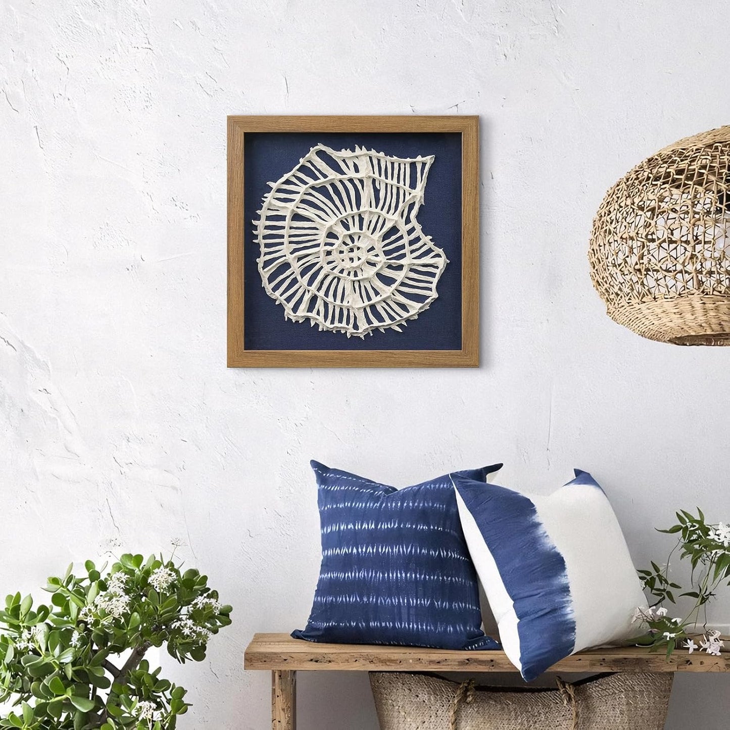 FOLKOR Beach Wall Art Decor for Living Room Bedroom Guest Room, 12" Framed Seashell Shadow Box Art with Blue Background, 3D Coastal Wall Hanging Accent for Entryway Staircase Exhibition Gallery Wall