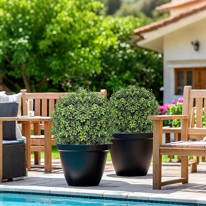 26 Inch Artificial Topiary Boxwood Ball Trees Outdoor – Set of 2 UV Resistant Faux Boxwood Topiary, Fake Potted Shrubs Evergreen for Front Door Porch Patio Balcony Home Decoration