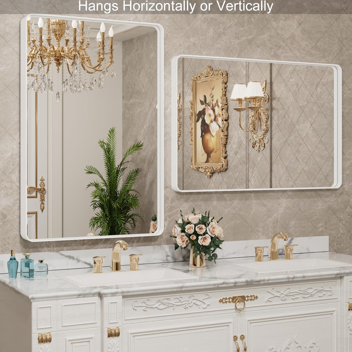 LOAAO 32x36 Inch White Metal Framed Bathroom Mirror for Wall, White Bathroom Vanity Mirror Farmhouse, Large Rounded Rectangle Mirror, Anti-Rust, Tempered Glass, Hangs Horizontally or Vertically