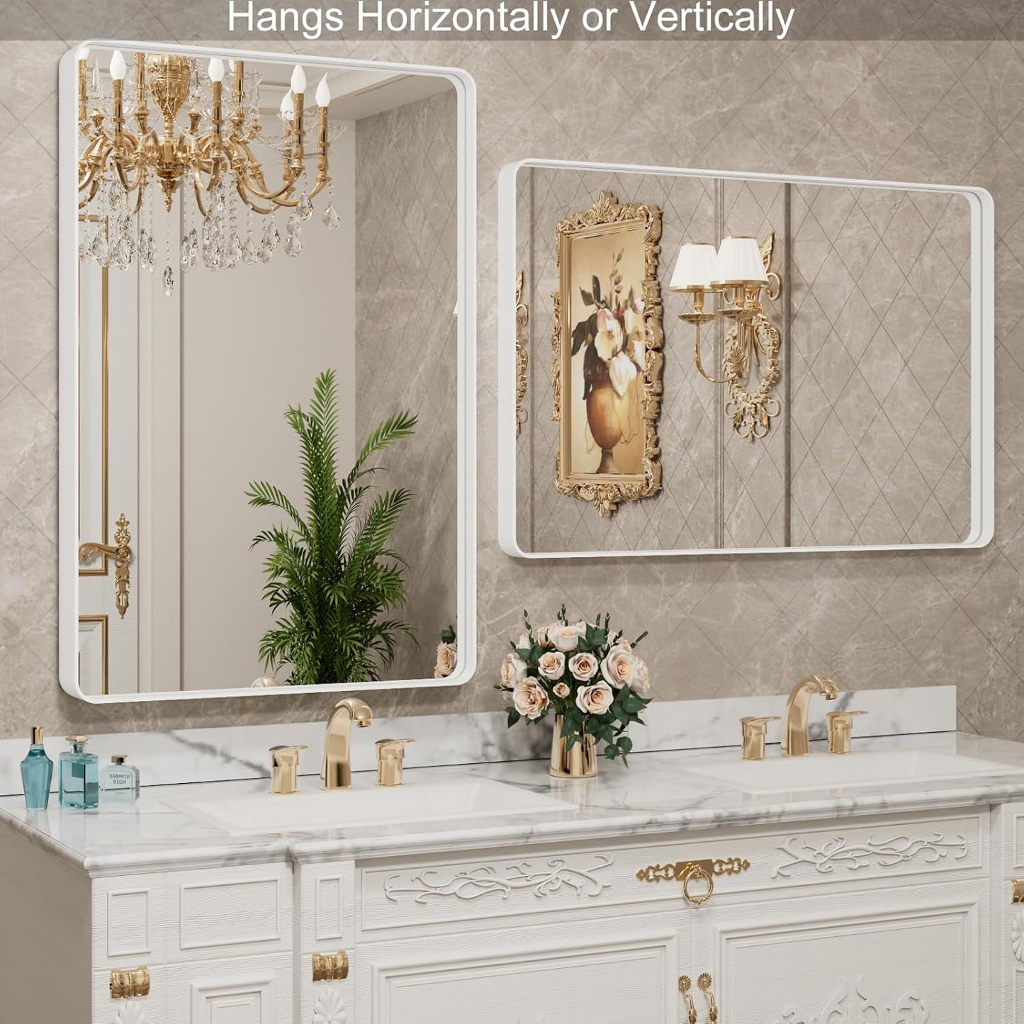 LOAAO 48x32 Inch White Metal Framed Bathroom Mirror for Wall, White Bathroom Vanity Mirror Farmhouse, Large Rounded Rectangle Mirror, Anti-Rust, Tempered Glass, Hangs Horizontally or Vertically