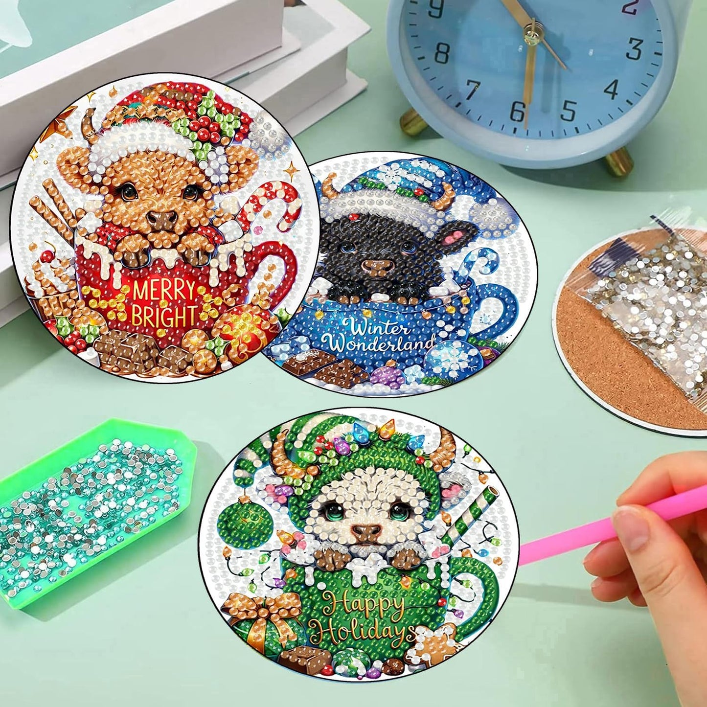 Meothan 8 Pcs Diamond Art Coasters Kits for Adults with Holder Cork Pads, Highland Cow Diamond Dots Art Painting Coasters Crafts Kit for Home Office Decor (Christmas Theme)