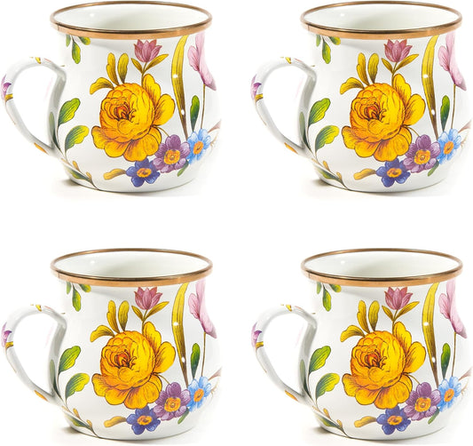 MACKENZIE-CHILDS Enamel Mug, Cute Enamelware Coffee and Tea Mug, Unique Drinkware, 16 Ounces, White Flower Market, Set of 4