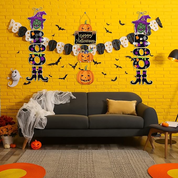 3Pcs Halloween Witch Hanging Decorations, Witch Pumpkin Door Decorations, Happy Halloween Sign Decoration Welcome Sign Hanging Ornaments for Home Wall Door Decor Party Supplies