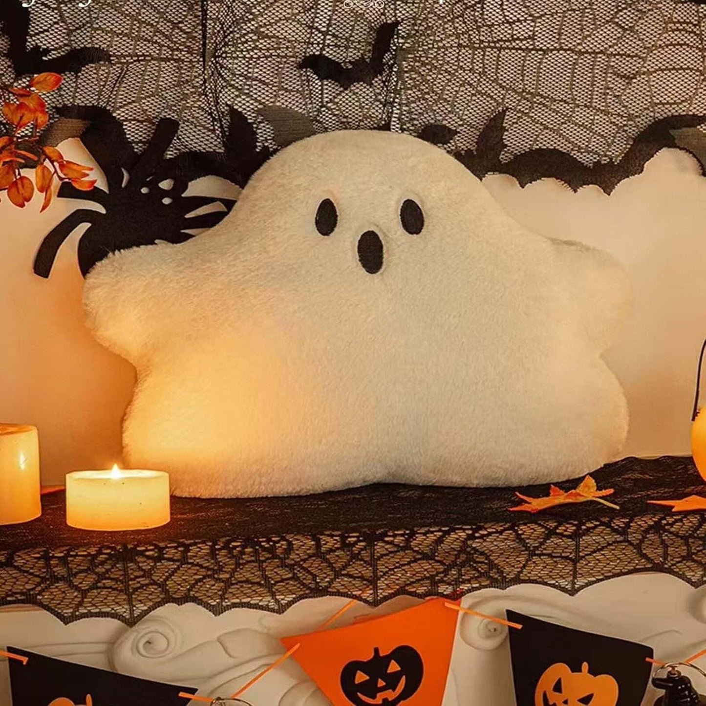 Halloween Ghost Shaped Throw Pillows for Fall Decorative Pillow Indoors, Black Boo Pillows 15.7x11.8 Inches Soft Faux Rabbit Fur Spooky Shaped for Holiday