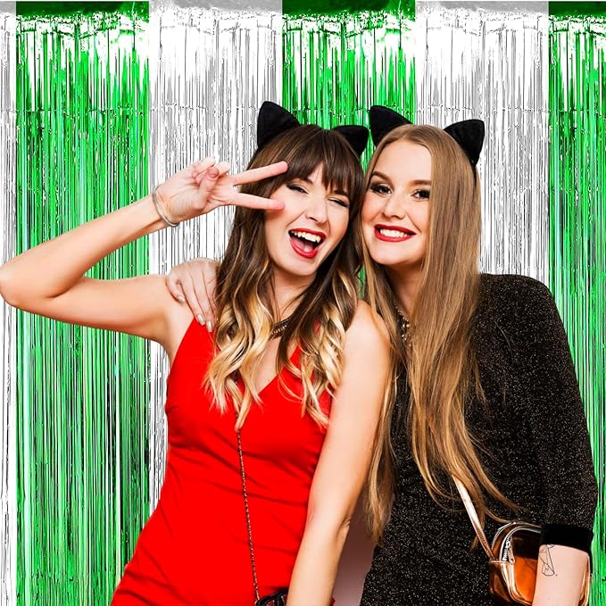 4 Pack Silver Green Foil Fringe Curtain Backdrop, 3.28Ft x 9.8Ft Metallic Tinsel Foil Fringe Streamers Curtains for Photo Booth, Wedding, Mardi Gras, Birthday Carnival St Patrick Day Party Decoration