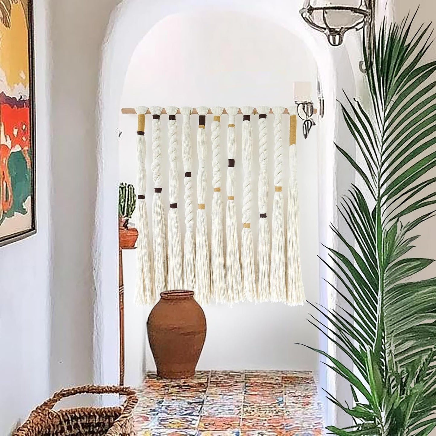 Macrame Wall Hanging with Braided Knot and Tassel Fringe, Handmade Boho Wall Art for Bedroom, Living Room, or Entryway Decor 27" W x 29" L