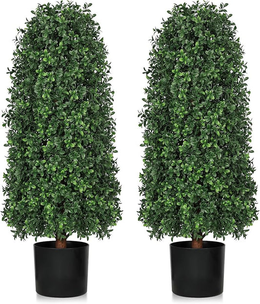 3 FT Artificial Boxwood Trees Outdoors, 36 inch Faux Boxwood Topiary, Set of 2 UV Resistant Bushes & Fake Evergreen Shrubs for Patio Yard Porch Fence Outside Decor