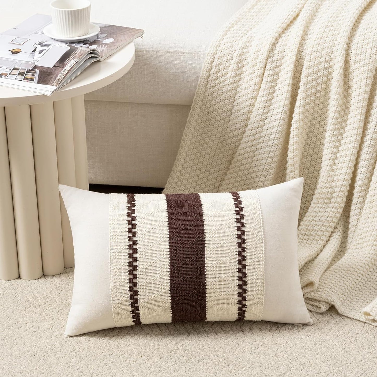 Fancy Homi Set of 2 Boho Brown Long Lumbar Decorative Throw Pillow Cover 14x24 Inch for Couch Bed Sofa Chair, Modern Organic Farmhouse Home Decor, Soft Cotton Cute Accent Rectangle Cushion Case