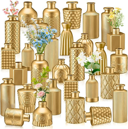 Yaomiao 30 Pcs Vases Bulk Colored Flower Glass Vases Bud Vintage Colored Glass Bottles Colorful Rustic Embossed for Home Wedding Table Decorations Gifts(Gold Series)