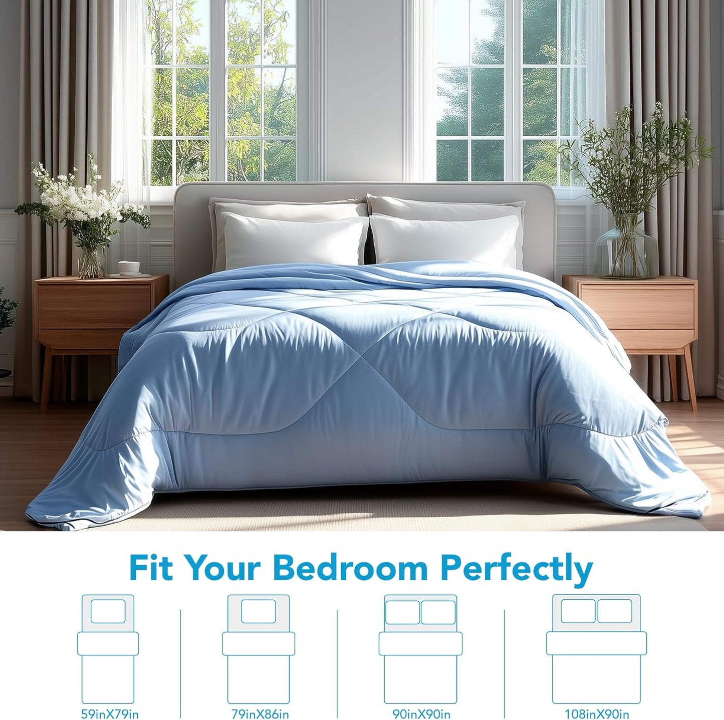 Deconovo Cooling Comforter – Double-Sided Cold Touch for Hot Sleepers & Night Sweats, Lightweight & Breathable, Oeko-TEX Certified, Machine Washable (Cold, Hang-Dry) – Blue, 79x86 Inch