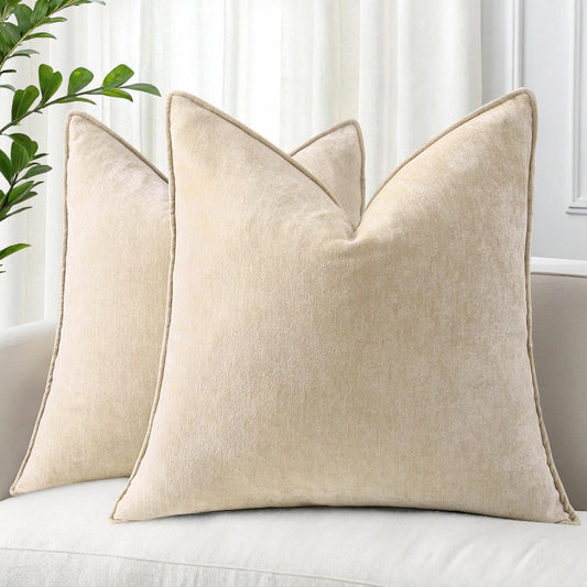 decorUhome Couch Throw Pillow Covers 20x20 Set of 2, Decorative Soft Euro Neutral Chenille Pillow Covers with Elegant Design for Sofa Bed Living Room Home Decor, Beige