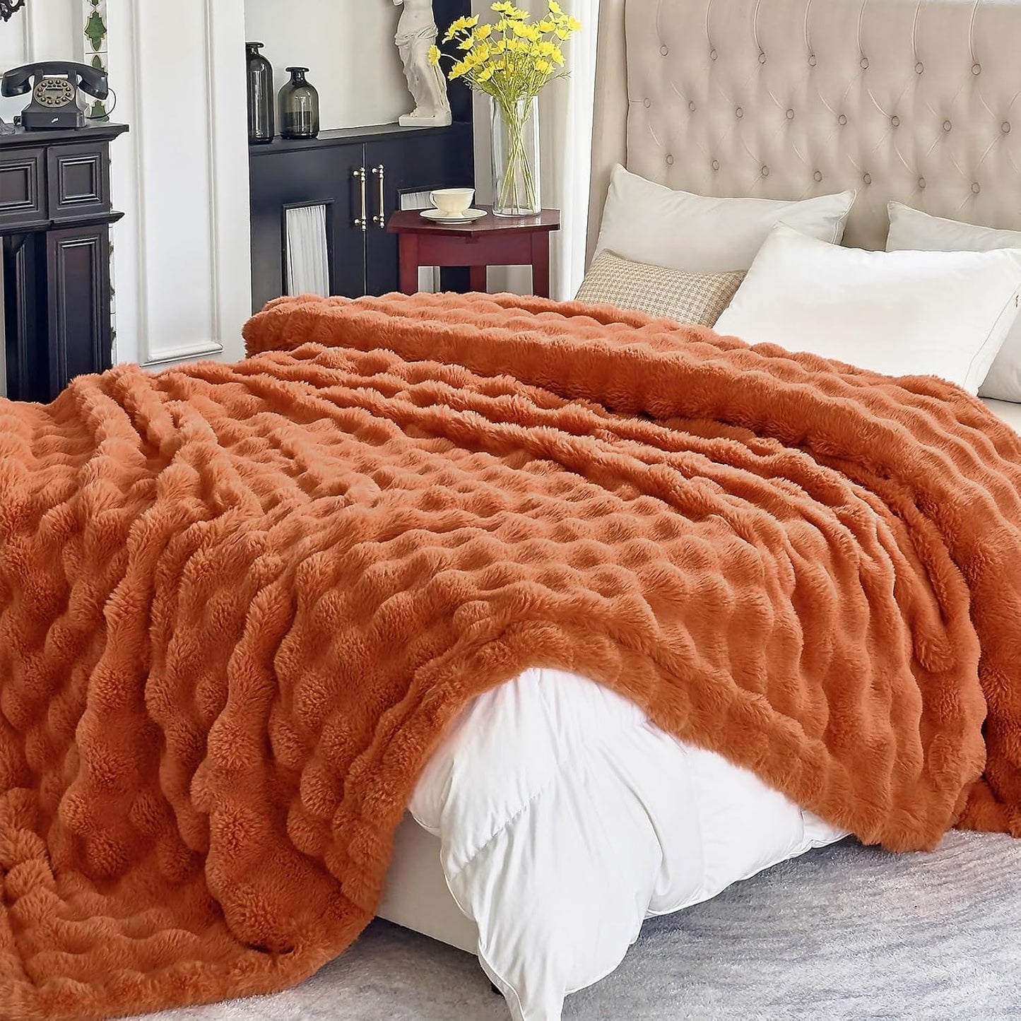 Faux Fur Caramel Orange Throw Blanket for Couch - Super Soft Heavy Flufyy Thick Bubble Throw Blankets for Bed Bedroom Living Room Farmhouse Sofa Chair Fall Winter Warm, 90x90 Inch