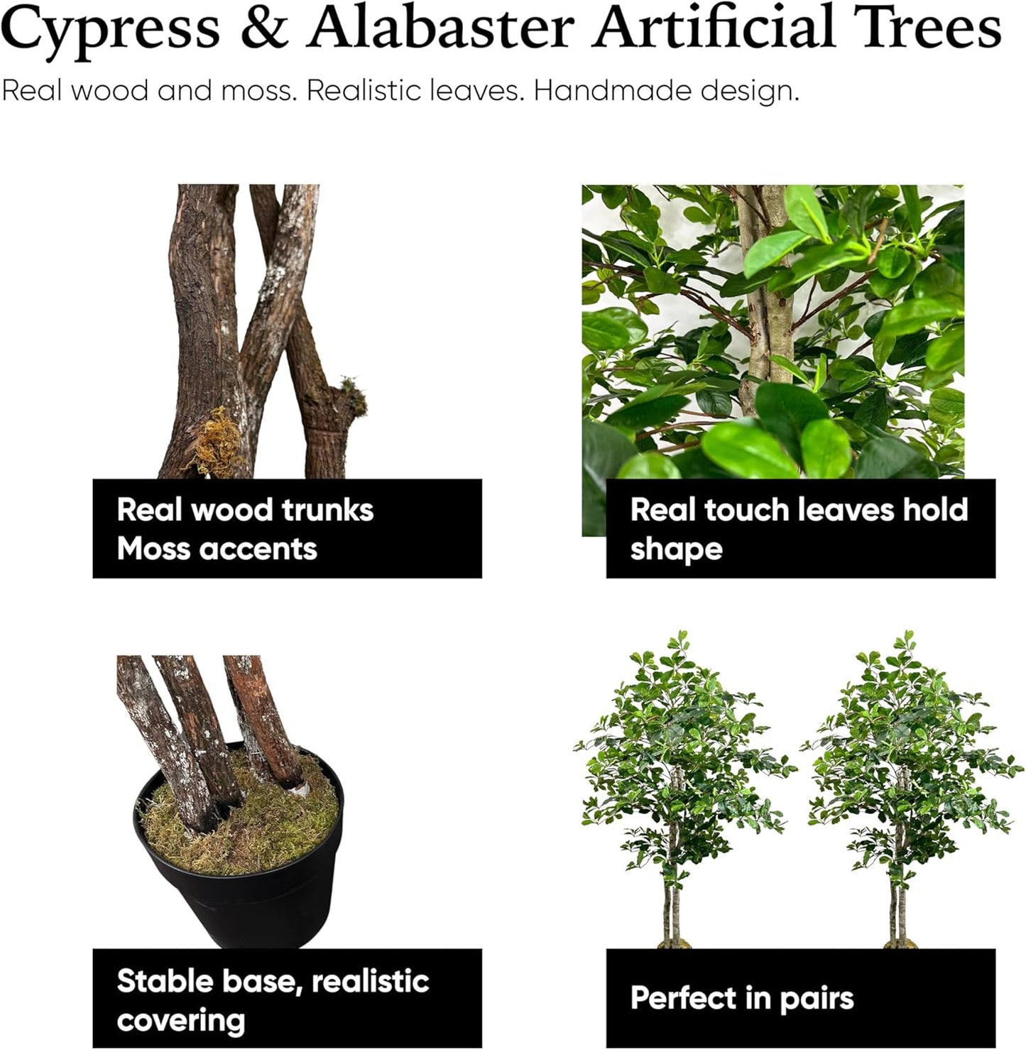 Cypress & Alabaster Handmade 5ft Italian Black Olive Leaf Artificial Tree with Ethically Sourced Real Wood Trunks, Hypoallergenic, 5-Foot, Green