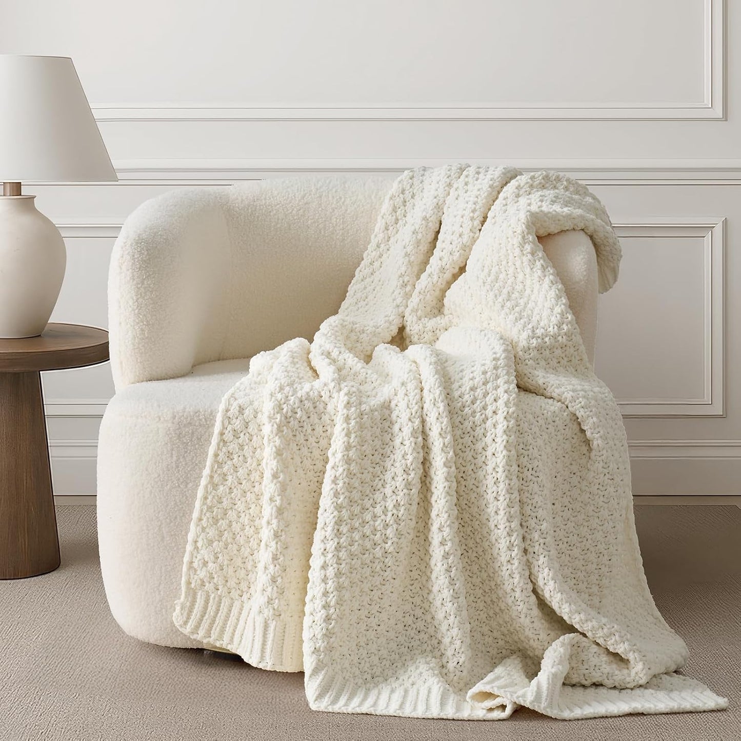 EVERGRACEHOME Chunky Chenille Knit Throw Blanket for Couch, Soft Luxurious Moss Stitch Blankets for Bed, Cozy Decorative Farmhouse Knitted Throws for Sofa, Ivory White, 60" x 80"