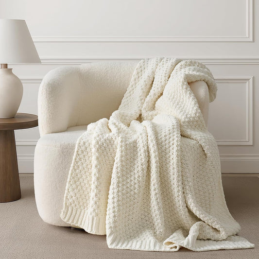 EVERGRACEHOME Chunky Chenille Knit Throw Blanket for Couch, Soft Luxurious Moss Stitch Blankets for Bed, Cozy Decorative Farmhouse Knitted Throws for Sofa, Ivory White, 50" x 60"