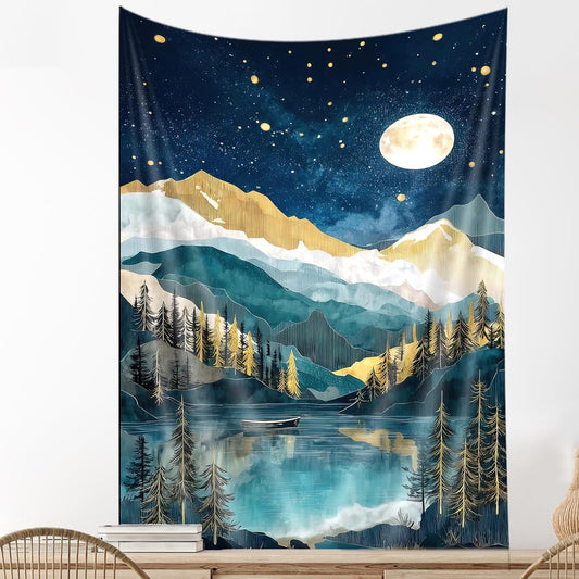 DYNH Boho Mountain Vertical Tapestry, Nature Forest Tree Lake Moon Tapestries, Bohemian Minimalist Mid Century Night Tapestry Wall Hanging for Bedroom College Dorm Asthetic Home Decor,50X60Inches