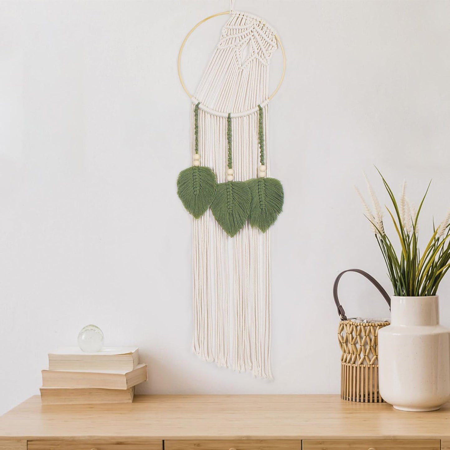 LB Boho Leaf Small Macrame Wall Hanging Green and Beige Hand Woven Cotton Tapestry Wall Art with Wood beads Modern Aesthetic Wall Decor for Home, Bedroom, Living Room