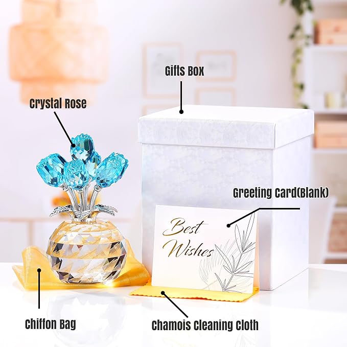 Crystal Light Blue Rose Flower Collectible Figurine, Rose Bouquet Floral Wedding Romantic Gifts for Wife, Mom, Women on Mother's Day, Valentine's, Anniversary, Christmas