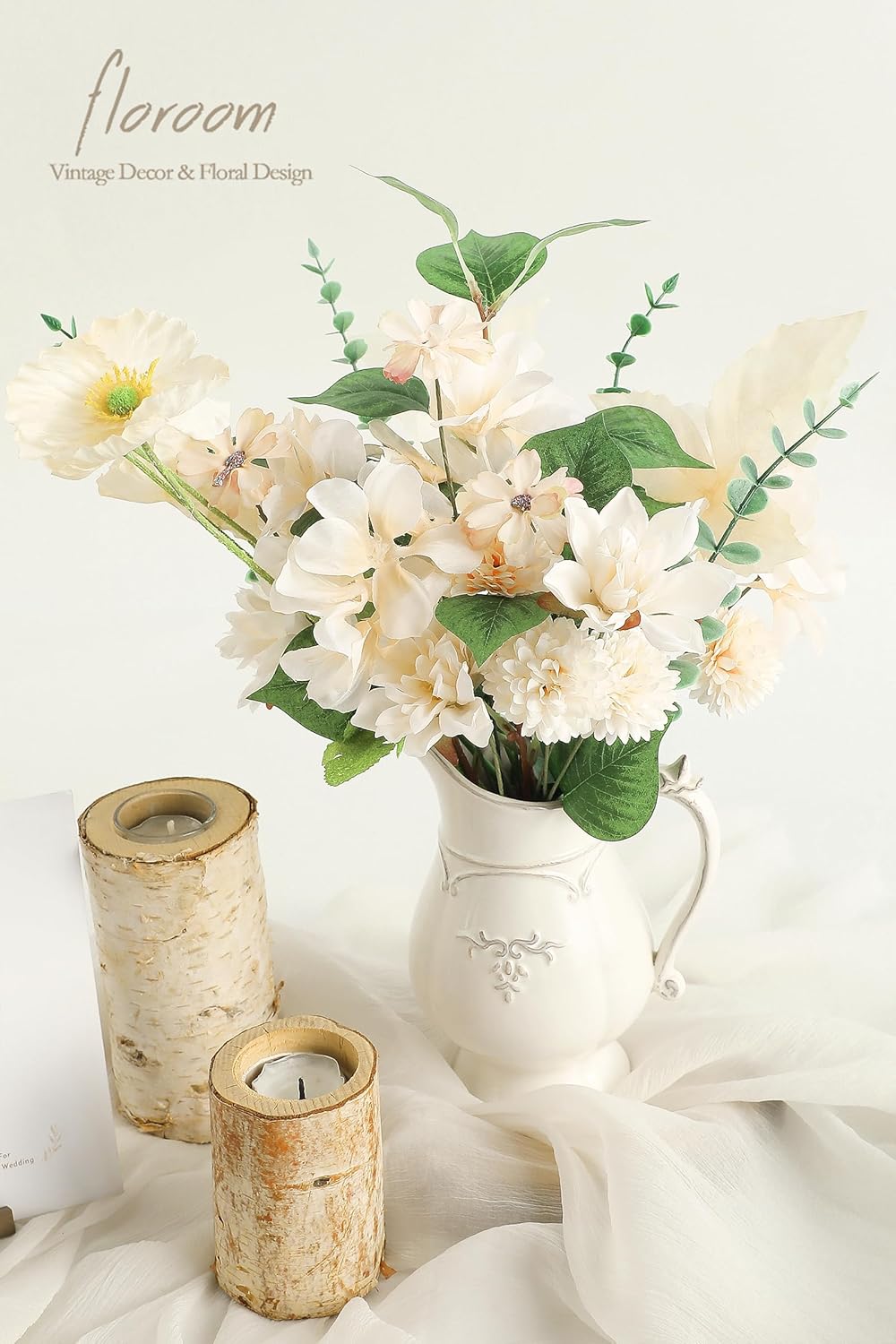 Floroom Artificial Greenery Stems Box Set, 22pcs with 8 Kinds of Faux Greenery Flowers Picks for DIY Bridal Bouquets Wedding Floral Arrangement Table Centerpieces, Green & Cream