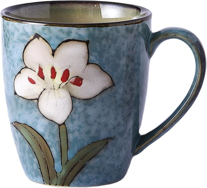 12oz/350ml Ceramic Coffee Mug with Handle,Hand Painted Vintage Floral Cappuccino Cups, Suitable for Tea Cups,Colorful Stoneware Coffee Mugs and Drinking Cup,Ideal Gifts for Women and Men-Blue