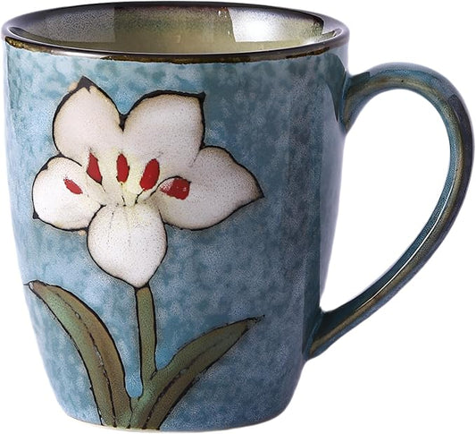12oz/350ml Ceramic Coffee Mug with Handle,Hand Painted Vintage Floral Cappuccino Cups, Suitable for Tea Cups,Colorful Stoneware Coffee Mugs and Drinking Cup,Ideal Gifts for Women and Men-Blue