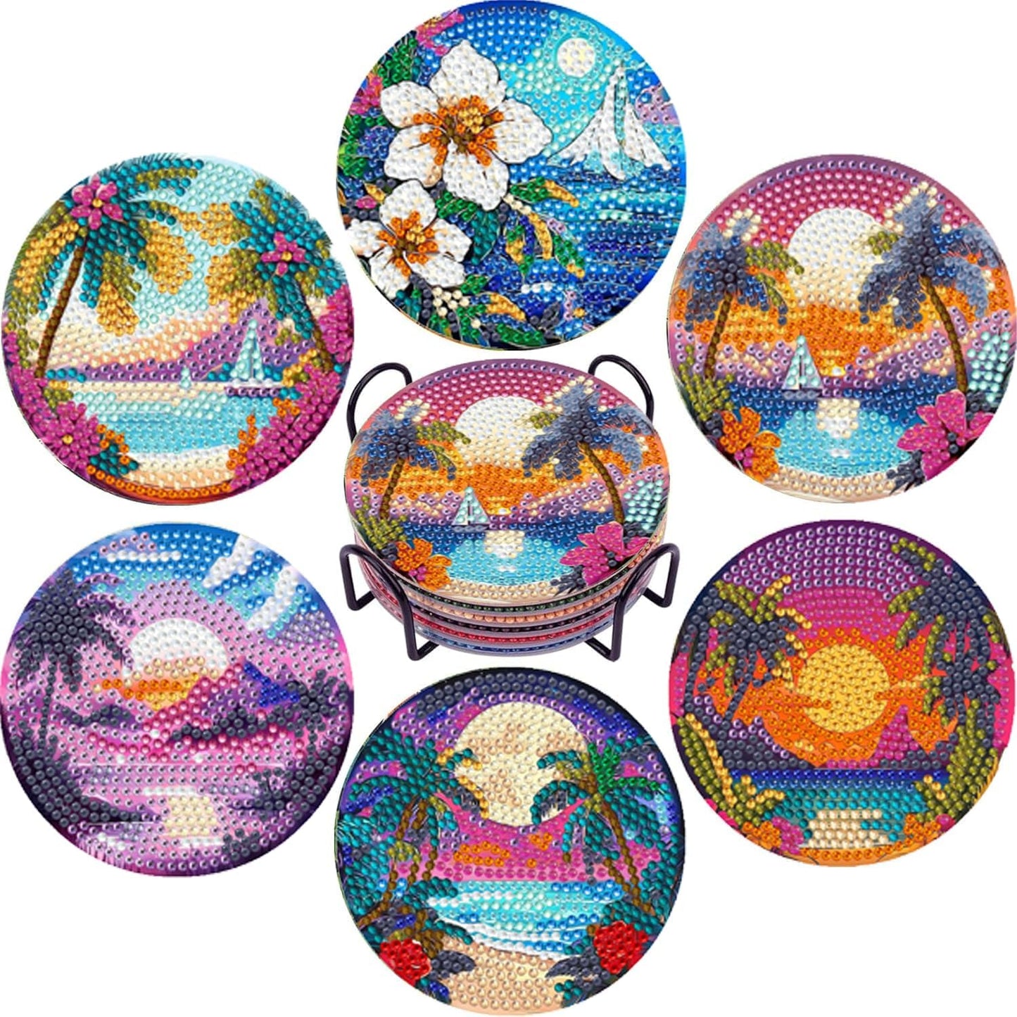EWJRNSF 6 PCS Small Diamond Art Coasters Kits, Diamond Painting Coasters, Fall Diamond Art Kits for Adults Beginners, Arts and Crafts Item Sets with Holder for Drinks. Ocean Beach