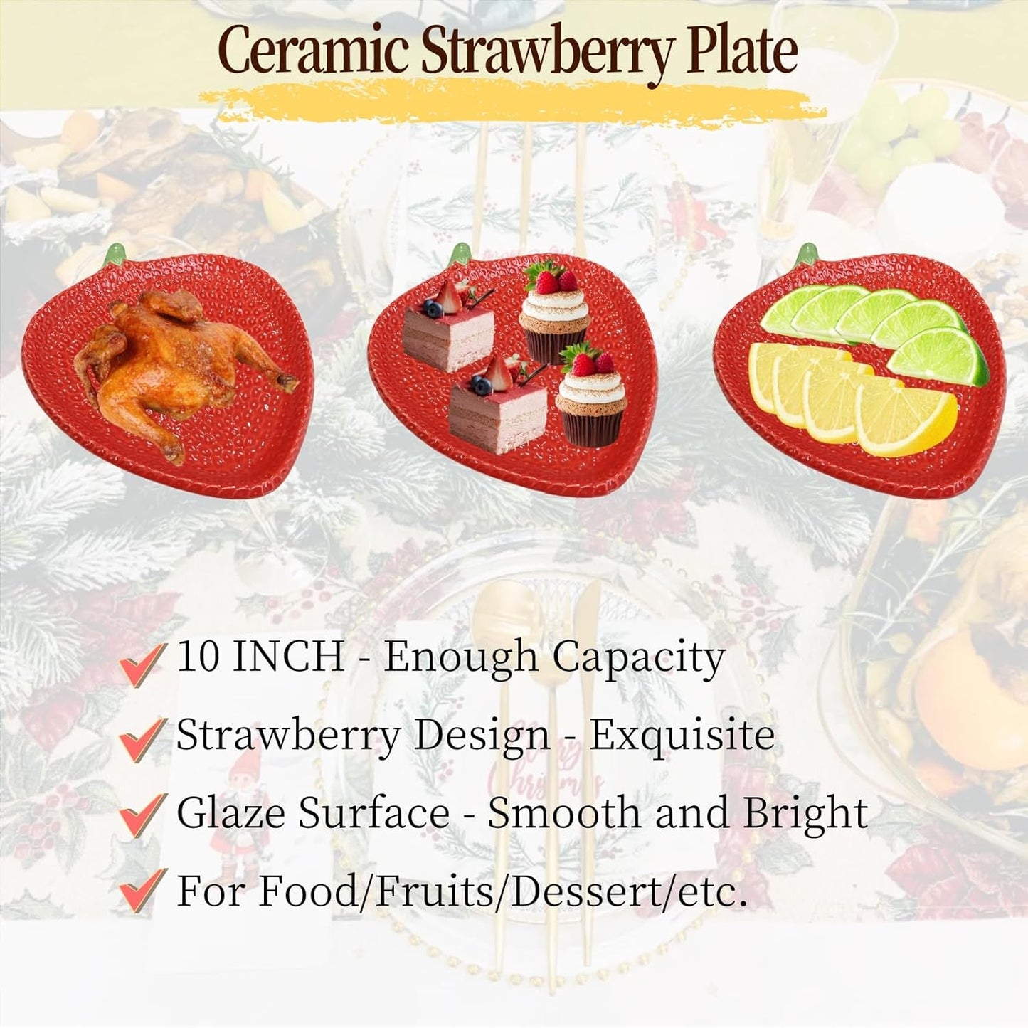 HAN SHENG Strawberry Ceramic Dinner Plate 10 Inch - Microwave & Dishwasher Safe, Berry Design Fruit Themed Decorative Plate for Home Kitchen Restaurant