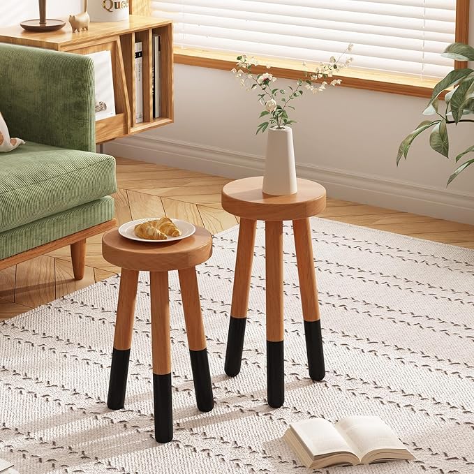 Rubber Wood 9" Round Plant Stand |Dip Dyed Black Accent Stool |Milking Stool |Small Side Table(16" H)