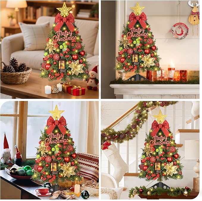 Uspring 2Ft Small Christmas Tree with Lights, Artificial Table Top Christmas Tree with Pre-Decorated Ornaments LED Lights, Mini Xmas Trees with Hanging Snow Globe Lanterns for Indoor Holiday Decor